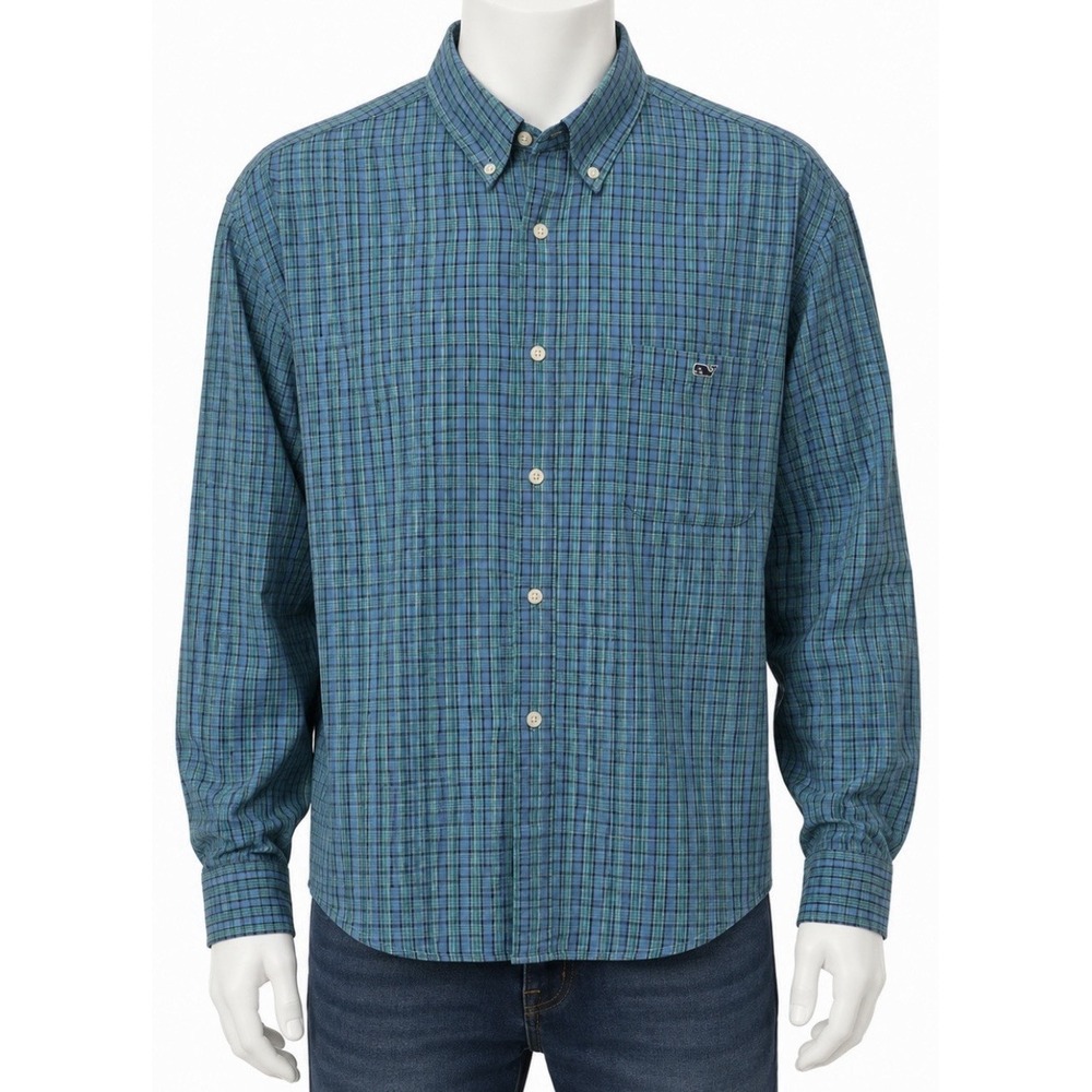 VINEYARD VINES Men's Long Sleeve Plaid Shirt XL XLarge Blue Green Plain Preppy